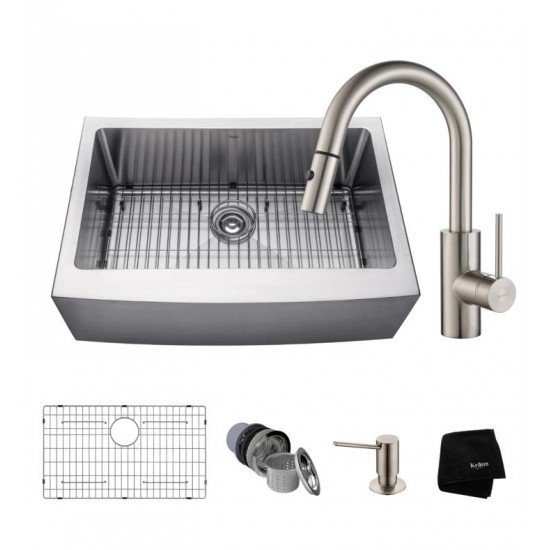 Kraus KHF200-30-2620-41SS 29 3/4" Single Bowl Farmhouse/Apron Front Stainless Steel Kitchen Sink with Pull-Down Kitchen Faucet and Soap Dispenser