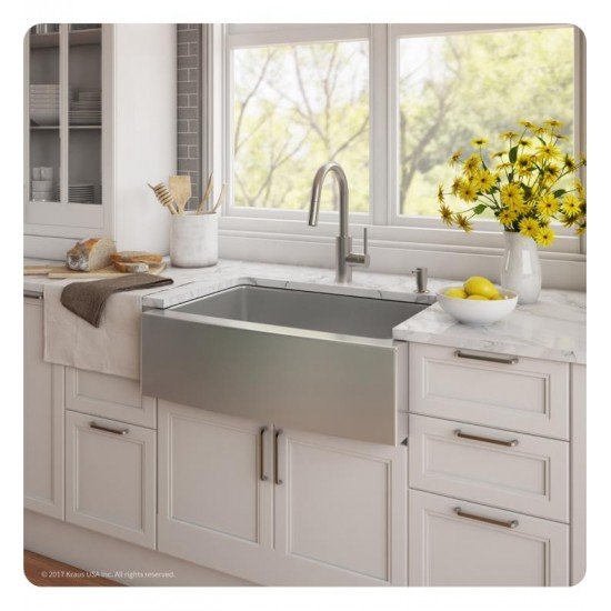 Kraus KHF200-30-2620-41SS 29 3/4" Single Bowl Farmhouse/Apron Front Stainless Steel Kitchen Sink with Pull-Down Kitchen Faucet and Soap Dispenser