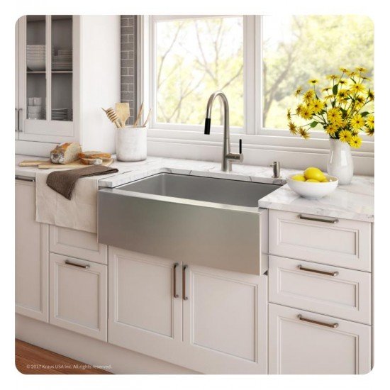 Kraus KHF200-30-2720-42SS 29 3/4" Single Bowl Farmhouse/Apron Front Stainless Steel Kitchen Sink with Pull-Down Kitchen Faucet and Soap Dispenser