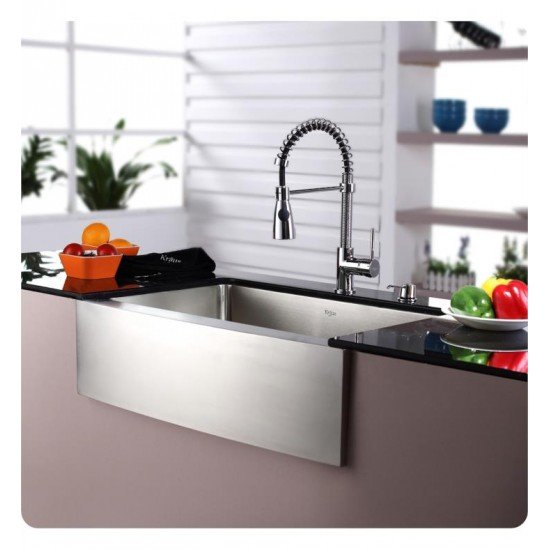 Kraus KHF200-30-KPF1612-KSD30 29 3/4" Single Bowl Farmhouse Stainless Steel Kitchen Sink with Commercial Style Kitchen Faucet and Soap Dispenser