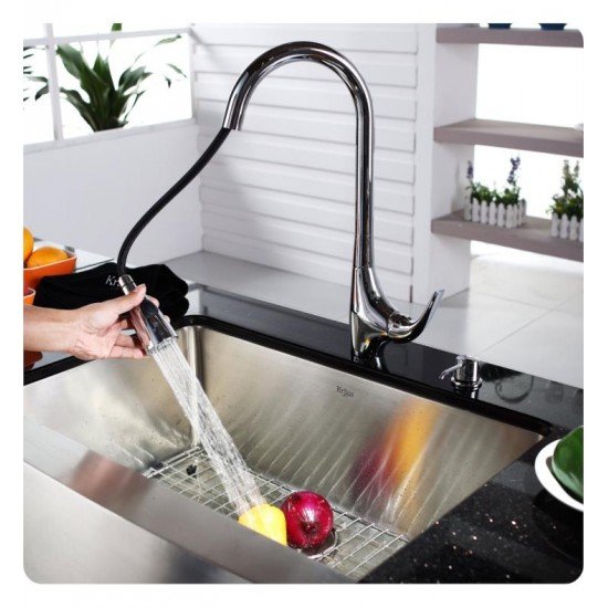 Kraus KHF200-30-KPF1621-KSD30 29 3/4" Single Bowl Farmhouse Stainless Steel Kitchen Sink with High Arch Pull Down Kitchen Faucet and Soap Dispenser