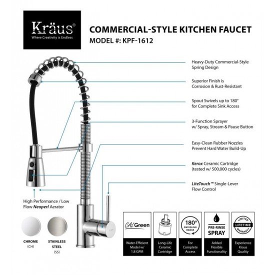 Kraus KHF200-33-KPF1612-KSD30 32 7/8" Single Bowl Farmhouse Stainless Steel Kitchen Sink with Commercial Style Kitchen Faucet and Soap Dispenser