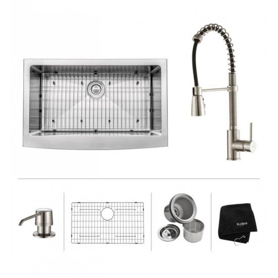 Kraus KHF200-33-KPF1612-KSD30 32 7/8" Single Bowl Farmhouse Stainless Steel Kitchen Sink with Commercial Style Kitchen Faucet and Soap Dispenser