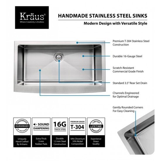 Kraus KHF200-36-KPF1612-KSD30 35 7/8" Single Bowl Farmhouse Stainless Steel Kitchen Sink with Commercial Style Kitchen Faucet and Soap Dispenser