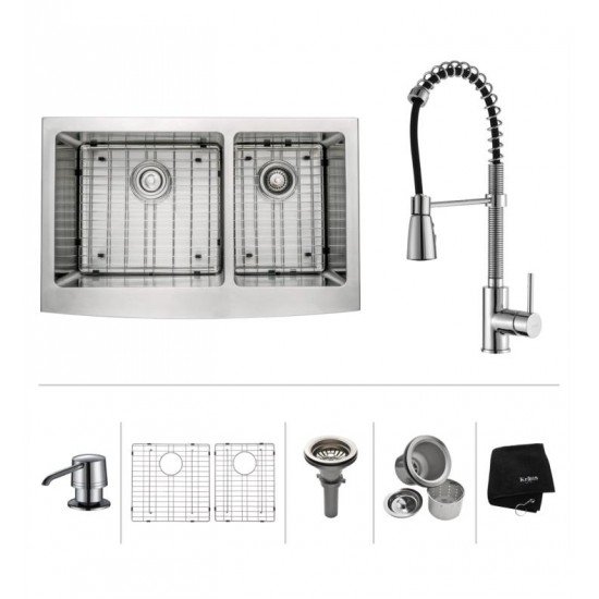 Kraus KHF203-33-KPF1612-KSD30 32 7/8" Double Bowl Farmhouse Stainless Steel Kitchen Sink with Commercial Style Kitchen Faucet and Soap Dispenser