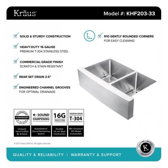 Kraus KHF203-33-KPF1612-KSD30 32 7/8" Double Bowl Farmhouse Stainless Steel Kitchen Sink with Commercial Style Kitchen Faucet and Soap Dispenser