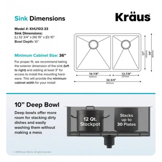 Kraus KHT30233 33 Inch Topmount Double Bowl Kitchen Sink with Ultra-Slim  Low Divider, Extra Thick Deck and TRU16 Stainless Steel