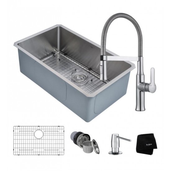 Kraus KHU100-30-1640-42CH 30" Single Bowl Undermount Stainless Steel Kitchen Sink with Flex Kitchen Faucet and Soap Dispenser