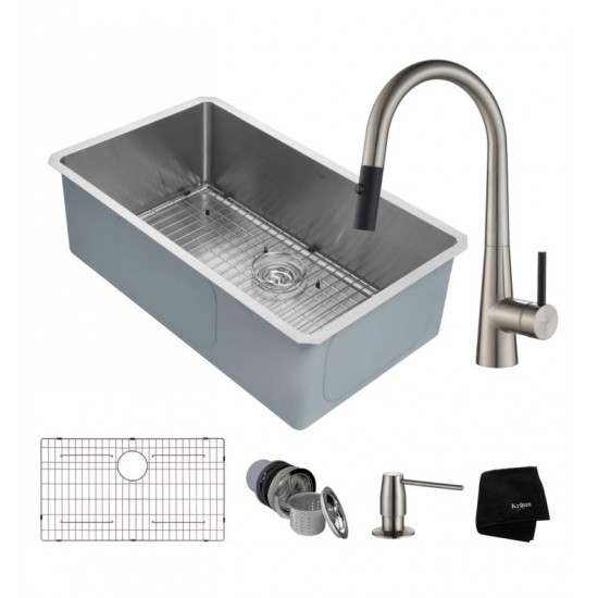 Kraus KHU100-32-2720-42SS 32" Single Bowl Undermount Stainless Steel Kitchen Sink with Pull-Down Kitchen Faucet and Soap Dispenser