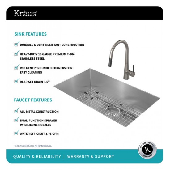 Kraus KHU100-32-2720-42SS 32" Single Bowl Undermount Stainless Steel Kitchen Sink with Pull-Down Kitchen Faucet and Soap Dispenser