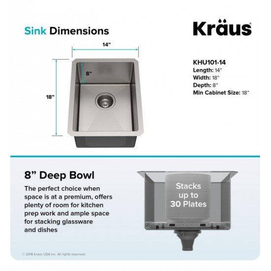 Kraus KHU101-14 Standart Pro 14" Single Bowl Undermount Stainless Steel Square/Rectangular Kitchen Sink