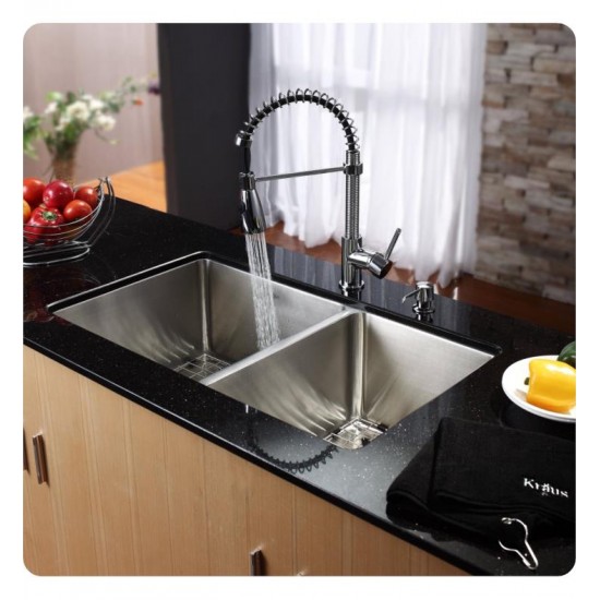 Kraus KHU103-33-KPF1612-KSD30 32 3/4" Double Bowl Undermount Stainless Steel Kitchen Sink with Commercial Style Kitchen Faucet and Soap Dispenser