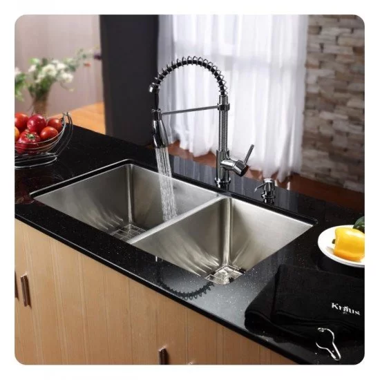 KRAUS 32 Undermount Double Bowl Kitchen Sink with 18 Commercial Kitchen  Faucet