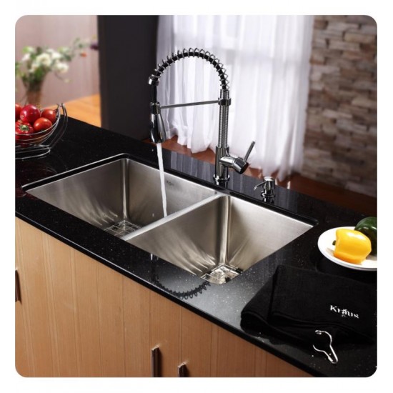 Kraus KHU103-33-KPF1612-KSD30 32 3/4" Double Bowl Undermount Stainless Steel Kitchen Sink with Commercial Style Kitchen Faucet and Soap Dispenser