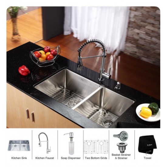 Kraus KHU103-33-KPF1612-KSD30 32 3/4" Double Bowl Undermount Stainless Steel Kitchen Sink with Commercial Style Kitchen Faucet and Soap Dispenser