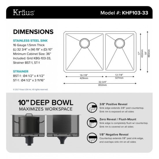 Kraus KHU103-33-KPF1612-KSD30 32 3/4" Double Bowl Undermount Stainless Steel Kitchen Sink with Commercial Style Kitchen Faucet and Soap Dispenser