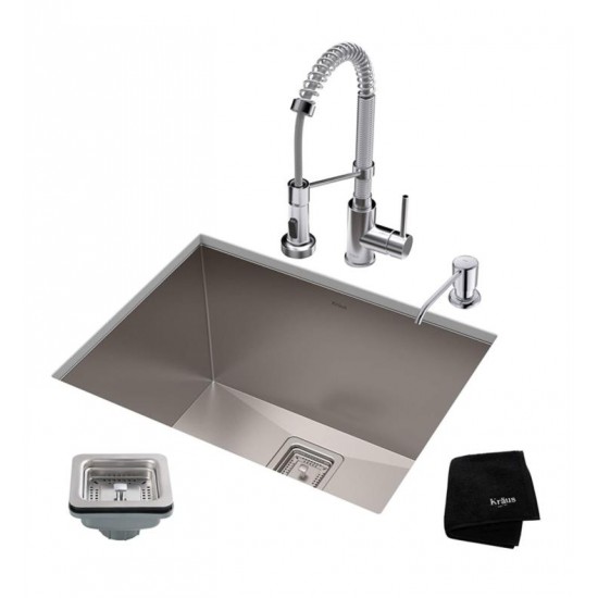 Kraus KHU24L-1610-53 Pax 24" Single Bowl Undermount Stainless Steel Laundry Utility Sink with Pull Down Kitchen Faucet and Soap Dispenser