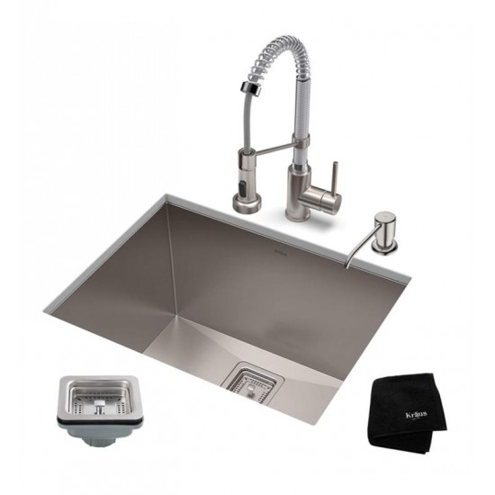 Kraus KHU24L-1610-53 Pax 24" Single Bowl Undermount Stainless Steel Laundry Utility Sink with Pull Down Kitchen Faucet and Soap Dispenser