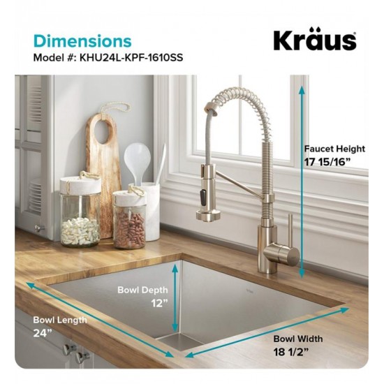 Kraus KHU24L-1610-53 Pax 24" Single Bowl Undermount Stainless Steel Laundry Utility Sink with Pull Down Kitchen Faucet and Soap Dispenser