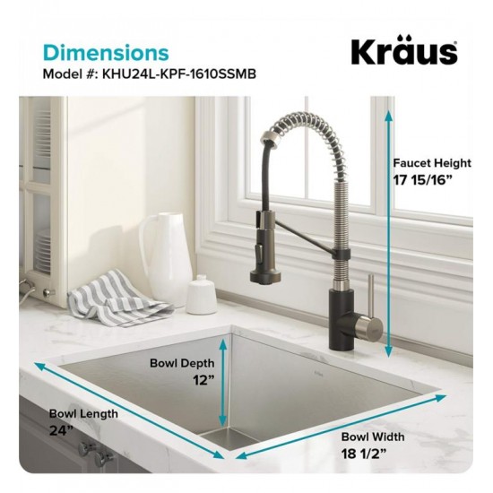 Kraus KHU24L-1610-53 Pax 24" Single Bowl Undermount Stainless Steel Laundry Utility Sink with Pull Down Kitchen Faucet and Soap Dispenser