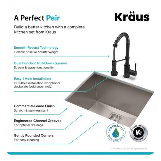 Kraus KHU24L-1610-53 Pax 24" Single Bowl Undermount Stainless Steel Laundry Utility Sink with Pull Down Kitchen Faucet and Soap Dispenser