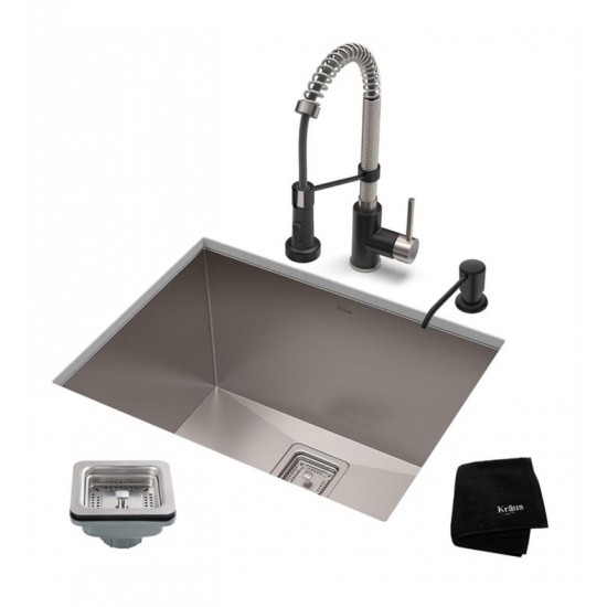 Kraus KHU24L-1610-53 Pax 24" Single Bowl Undermount Stainless Steel Laundry Utility Sink with Pull Down Kitchen Faucet and Soap Dispenser