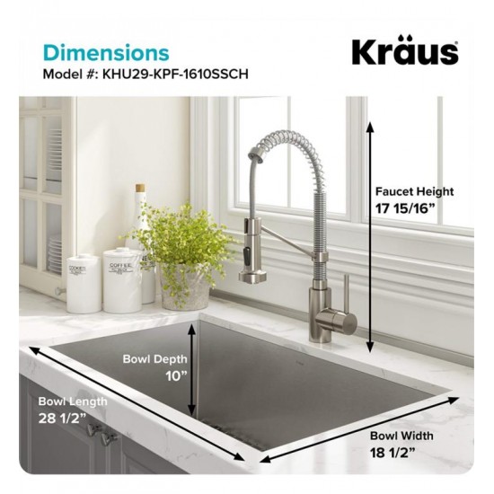 Kraus KHU29-1610-53 Pax 28 1/2" Single Bowl Undermount Stainless Steel Kitchen Sink with Pull Down Kitchen Faucet and Soap Dispenser