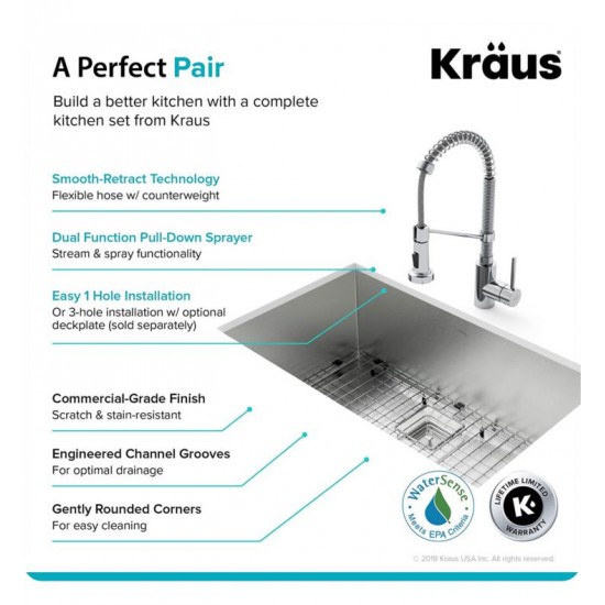 Kraus KHU29-1610-53 Pax 28 1/2" Single Bowl Undermount Stainless Steel Kitchen Sink with Pull Down Kitchen Faucet and Soap Dispenser