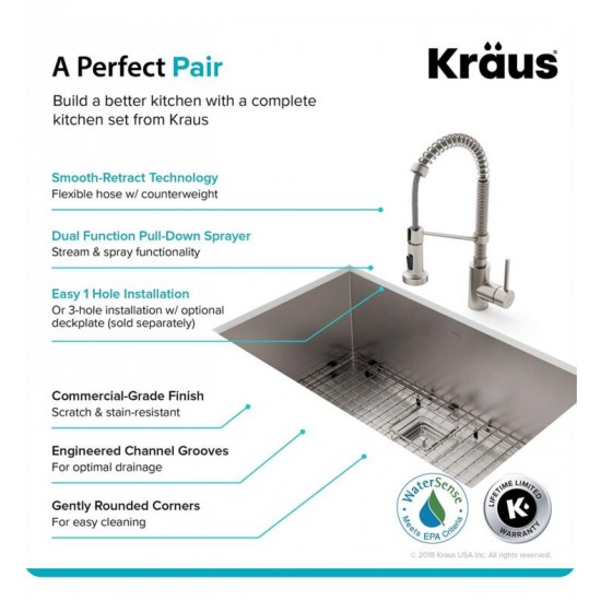 Kraus KHU29-1610-53 Pax 28 1/2" Single Bowl Undermount Stainless Steel Kitchen Sink with Pull Down Kitchen Faucet and Soap Dispenser