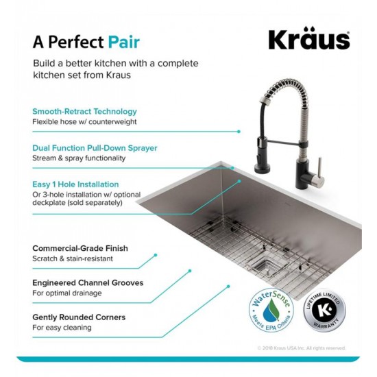 Kraus KHU29-1610-53 Pax 28 1/2" Single Bowl Undermount Stainless Steel Kitchen Sink with Pull Down Kitchen Faucet and Soap Dispenser