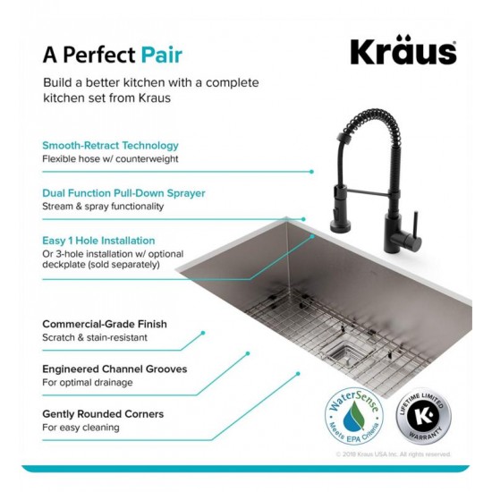 Kraus KHU29-1610-53 Pax 28 1/2" Single Bowl Undermount Stainless Steel Kitchen Sink with Pull Down Kitchen Faucet and Soap Dispenser