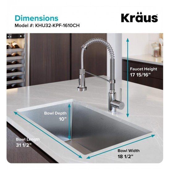 Kraus KHU32-1610-53 Pax 31 1/2" Single Bowl Undermount Stainless Steel Kitchen Sink with Pull Down Kitchen Faucet and Soap Dispenser