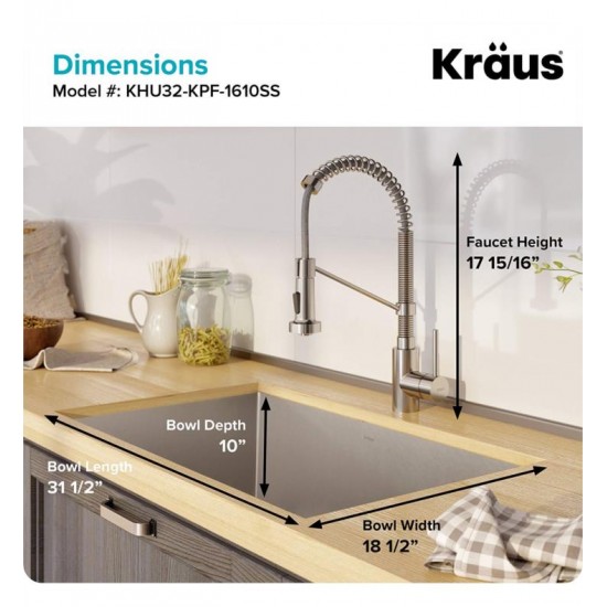 Kraus KHU32-1610-53 Pax 31 1/2" Single Bowl Undermount Stainless Steel Kitchen Sink with Pull Down Kitchen Faucet and Soap Dispenser