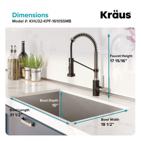 Kraus KHU32-1610-53 Pax 31 1/2" Single Bowl Undermount Stainless Steel Kitchen Sink with Pull Down Kitchen Faucet and Soap Dispenser