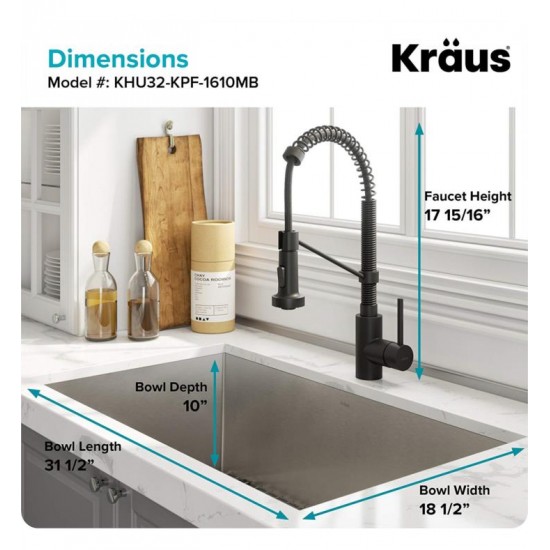 Kraus KHU32-1610-53 Pax 31 1/2" Single Bowl Undermount Stainless Steel Kitchen Sink with Pull Down Kitchen Faucet and Soap Dispenser