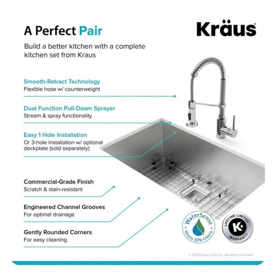 Kraus KHU32-1610-53 Pax 31 1/2" Single Bowl Undermount Stainless Steel Kitchen Sink with Pull Down Kitchen Faucet and Soap Dispenser