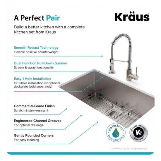 Kraus KHU32-1610-53 Pax 31 1/2" Single Bowl Undermount Stainless Steel Kitchen Sink with Pull Down Kitchen Faucet and Soap Dispenser