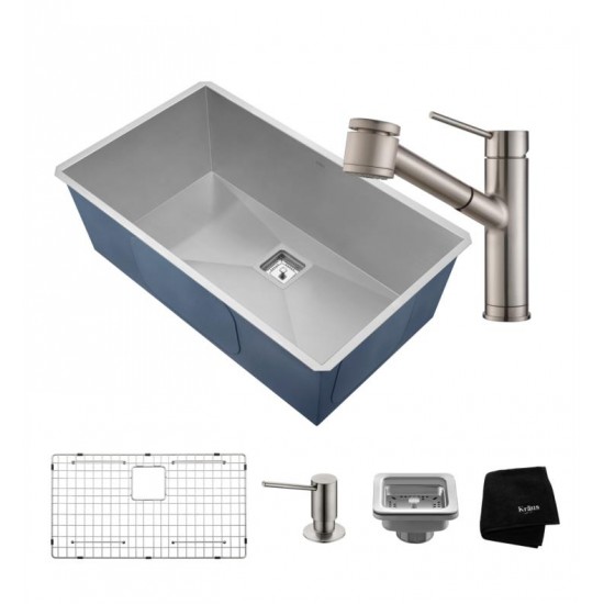 Kraus KHU32-2610-41 Pax 30 1/2" Single Bowl Undermount Stainless Steel Kitchen Sink with Pull-Out Kitchen Faucet and Soap Dispenser