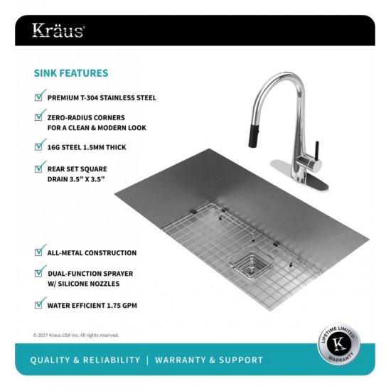 Kraus KHU32-2720-41 Pax 30 1/2" Single Bowl Undermount Stainless Steel Kitchen Sink with Pull-Down Kitchen Faucet and Soap Dispenser