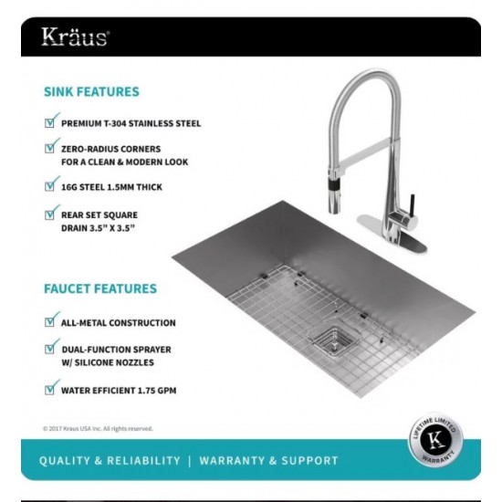 Kraus KHU32-2730-41CH Pax 30 1/2" Single Bowl Undermount Stainless Steel Kitchen Sink with Flex Kitchen Faucet and Soap Dispenser