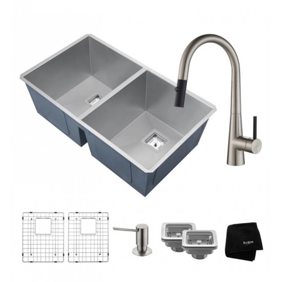 Kraus KHU322-2720-41 Pax 31 1/2" Double Bowl Undermount Stainless Steel Kitchen Sink with Pull-Down Kitchen Faucet and Soap Dispenser