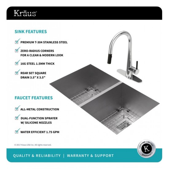 Kraus KHU322-2720-41 Pax 31 1/2" Double Bowl Undermount Stainless Steel Kitchen Sink with Pull-Down Kitchen Faucet and Soap Dispenser