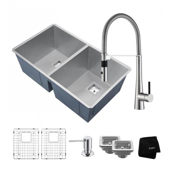 Kraus KHU322-2730-41CH Pax 31 1/2" Double Bowl Undermount Stainless Steel Kitchen Sink with Flex Kitchen Faucet and Soap Dispenser