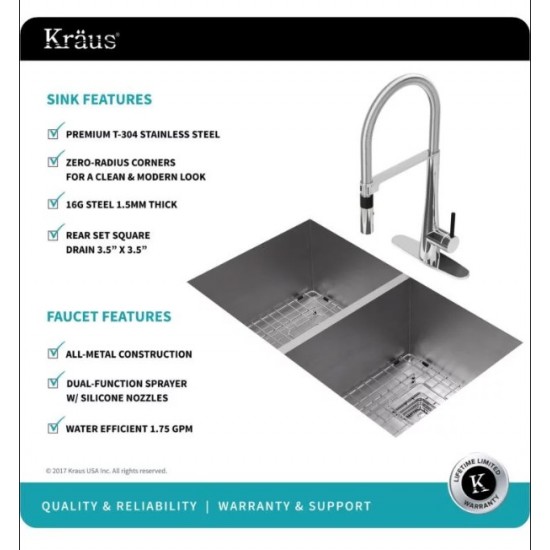 Kraus KHU322-2730-41CH Pax 31 1/2" Double Bowl Undermount Stainless Steel Kitchen Sink with Flex Kitchen Faucet and Soap Dispenser