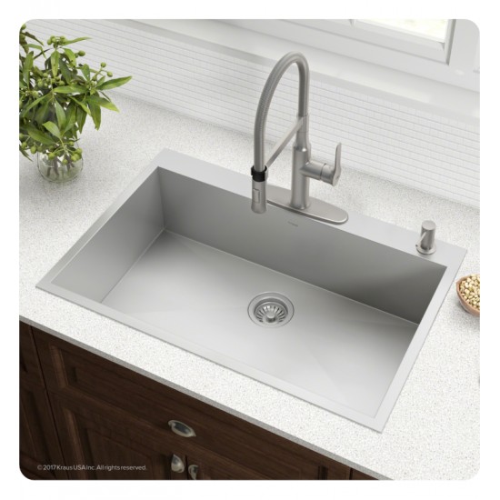 Kraus KP1TS33S-4 Pax 33" Single Bowl Drop-In Stainless Steel Rectangular Kitchen Sink in Satin Nickel with Four Pre-Drilled Holes