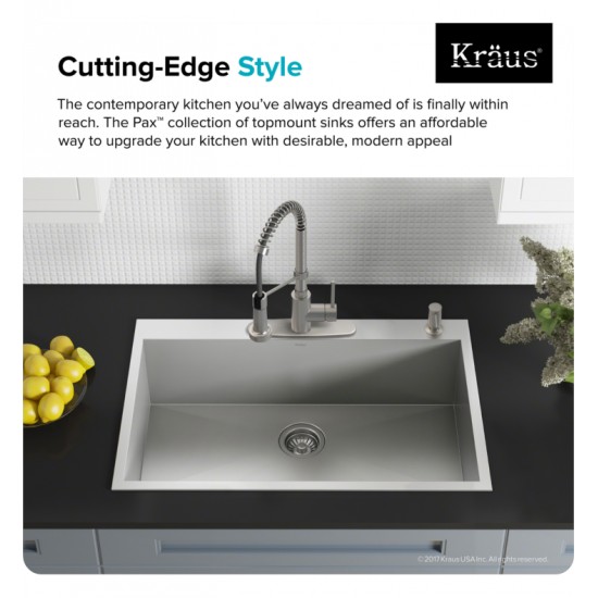 Kraus KP1TS33S-4 Pax 33" Single Bowl Drop-In Stainless Steel Rectangular Kitchen Sink in Satin Nickel with Four Pre-Drilled Holes