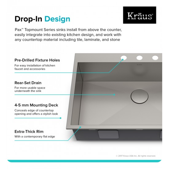 Kraus KP1TS33S-4 Pax 33" Single Bowl Drop-In Stainless Steel Rectangular Kitchen Sink in Satin Nickel with Four Pre-Drilled Holes