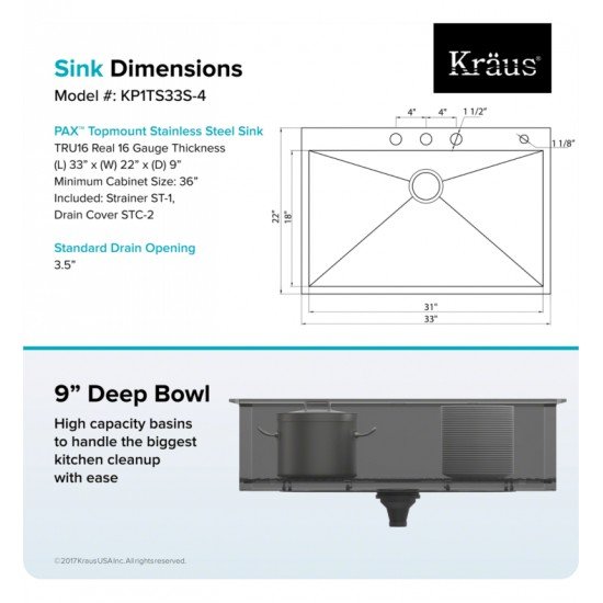 Kraus KP1TS33S-4 Pax 33" Single Bowl Drop-In Stainless Steel Rectangular Kitchen Sink in Satin Nickel with Four Pre-Drilled Holes
