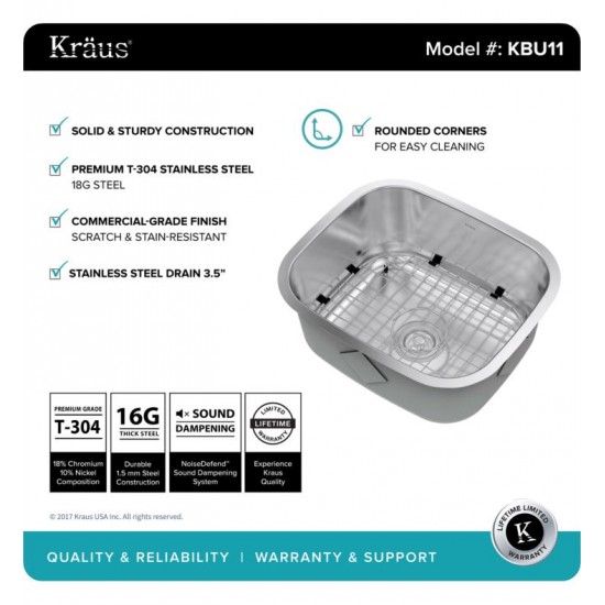 Kraus KBU11 20 3/4" Single Bowl Undermount Stainless Steel Square Kitchen Sink