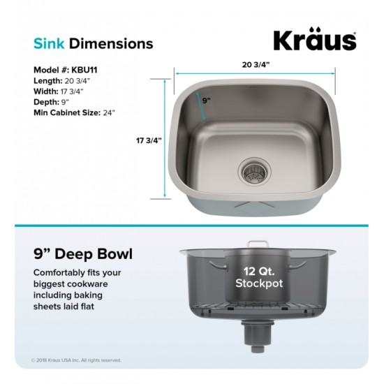 Kraus KBU11 20 3/4" Single Bowl Undermount Stainless Steel Square Kitchen Sink